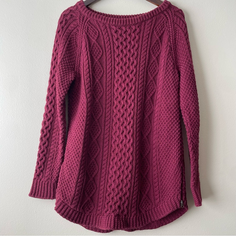 LL BEAN SIGNATURE Fisherman Sweater Deep Red Women's M Heavyweight 100% Cotton